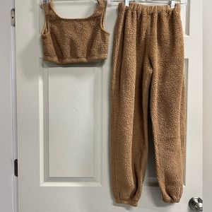 Shein Girls Brown Fleece Lounge Set Bottoms & Cami Top - Size 11 - 12 - VGUC
